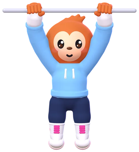 Obie hangs from a bar with straight arms, in a sky-blue hoodie, navy joggers and white high-tops.
