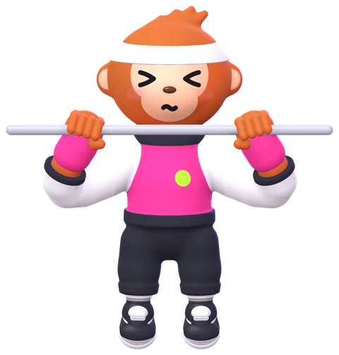 Obie holds its chin over the bar, eyes squeezed shut with the effort, in a pink varsity jacket and a white headband.