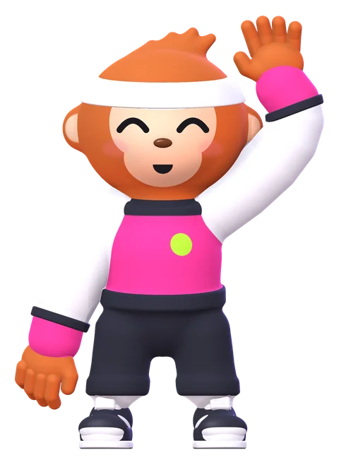 Obie waves in a pink varsity jacket with white sleeves, a white headband and charcoal joggers.