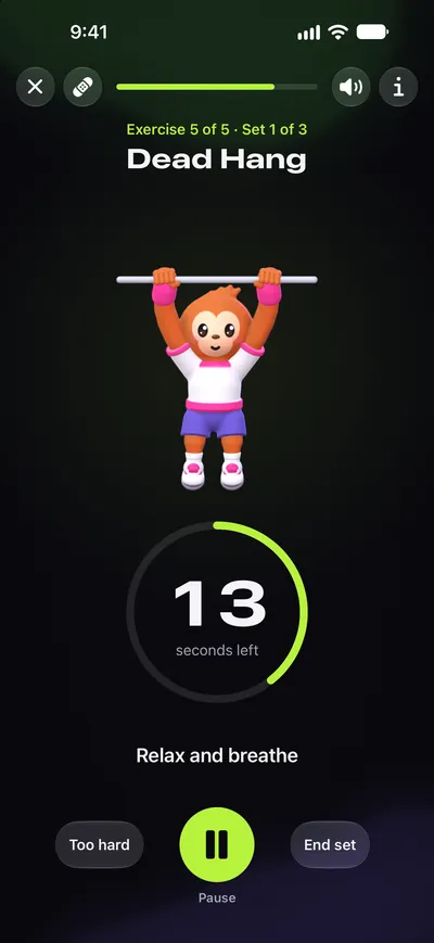 The app’s session player during a dead hang: Obie hanging from the bar and 13 seconds left on a ring timer.